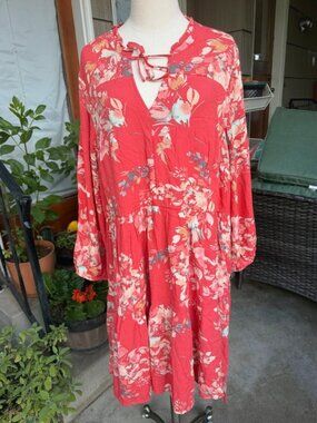 Torrid Floral Tiered Mini Dress 3X 3 Red Coral Boho Long sleeve Peasant Keyhole